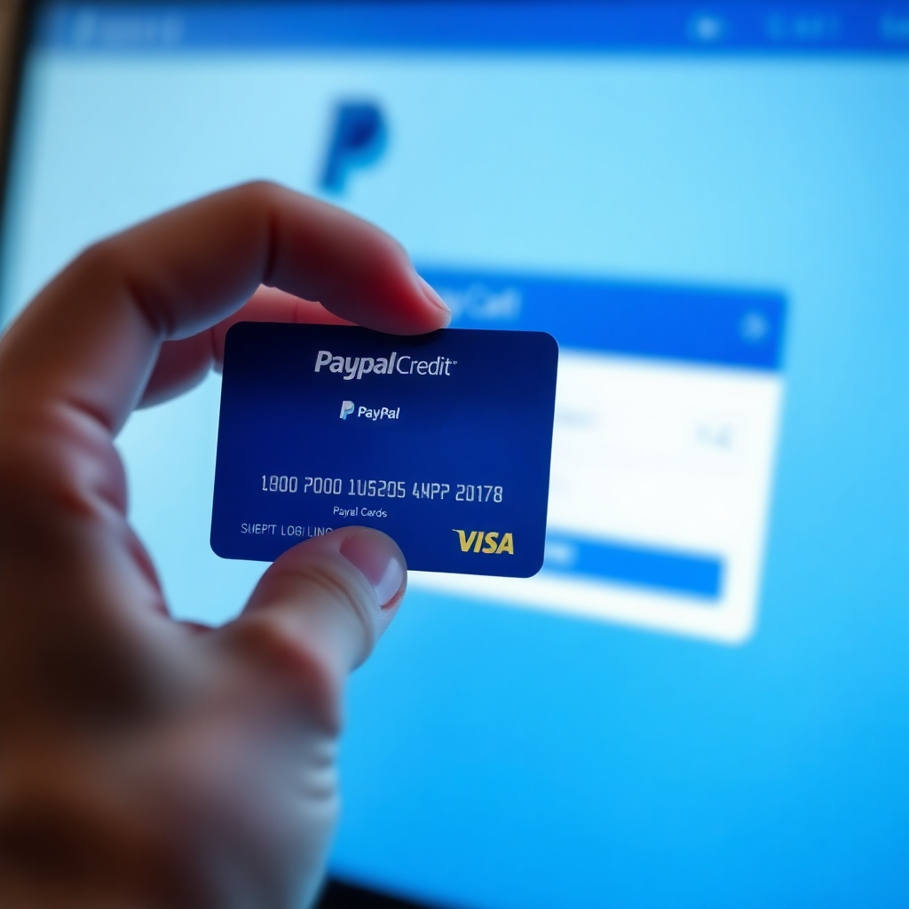 A hand holding a credit card, hovering over a simplified PayPal checkout interface. The focus is on the credit card details and the clear absence of a PayPal login prompt. The background is blurred, suggesting a fast and seamless process. Color palette is predominantly blue and white, with accents of the credit card's color. Lighting is soft and diffused. Technical specs: 4K resolution, photorealistic.