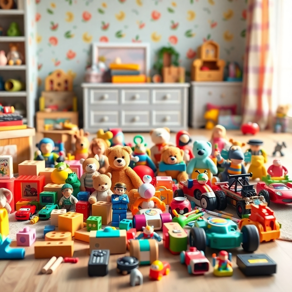 A hyperrealistic, 8K resolution image depicting a diverse collection of toys artfully arranged on a bright, inviting playroom floor. The toys range from classic wooden blocks and plush animals to modern action figures and electronic gadgets. Composition should evoke a sense of childhood wonder and playful abundance, with soft, diffused lighting creating a warm, inviting atmosphere. The color palette should be vibrant and cheerful, with a balance of primary and secondary colors. Camera angle should be slightly elevated, providing an overview of the toy collection and playroom environment. Texture details should be incredibly sharp, showcasing the intricate details of each toy, from the soft fur of a teddy bear to the smooth plastic of a race car. In the background, hints of a child's room, such as colorful wallpaper and a toy chest, should be visible. Style is reminiscent of a high-end toy catalog cover, emphasizing quality and desirability. Focus is on the joy and potential for both play and resale value. Ultra-realistic rendering, professional studio lighting.