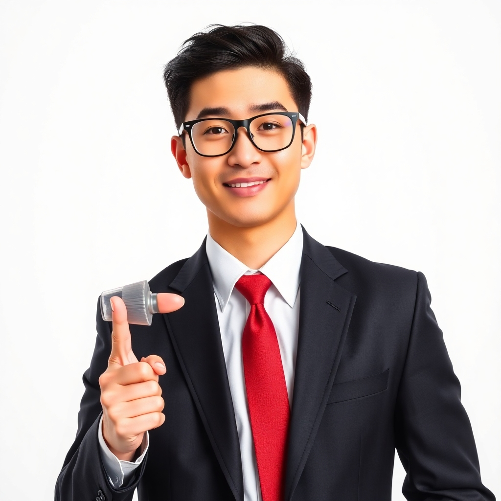 A person dressed in a professional business suit, contrasted with playful, cartoonish accessories. The lighting is bright, highlighting the juxtaposition. Capture the humour through expression and posing. 4k resolution.