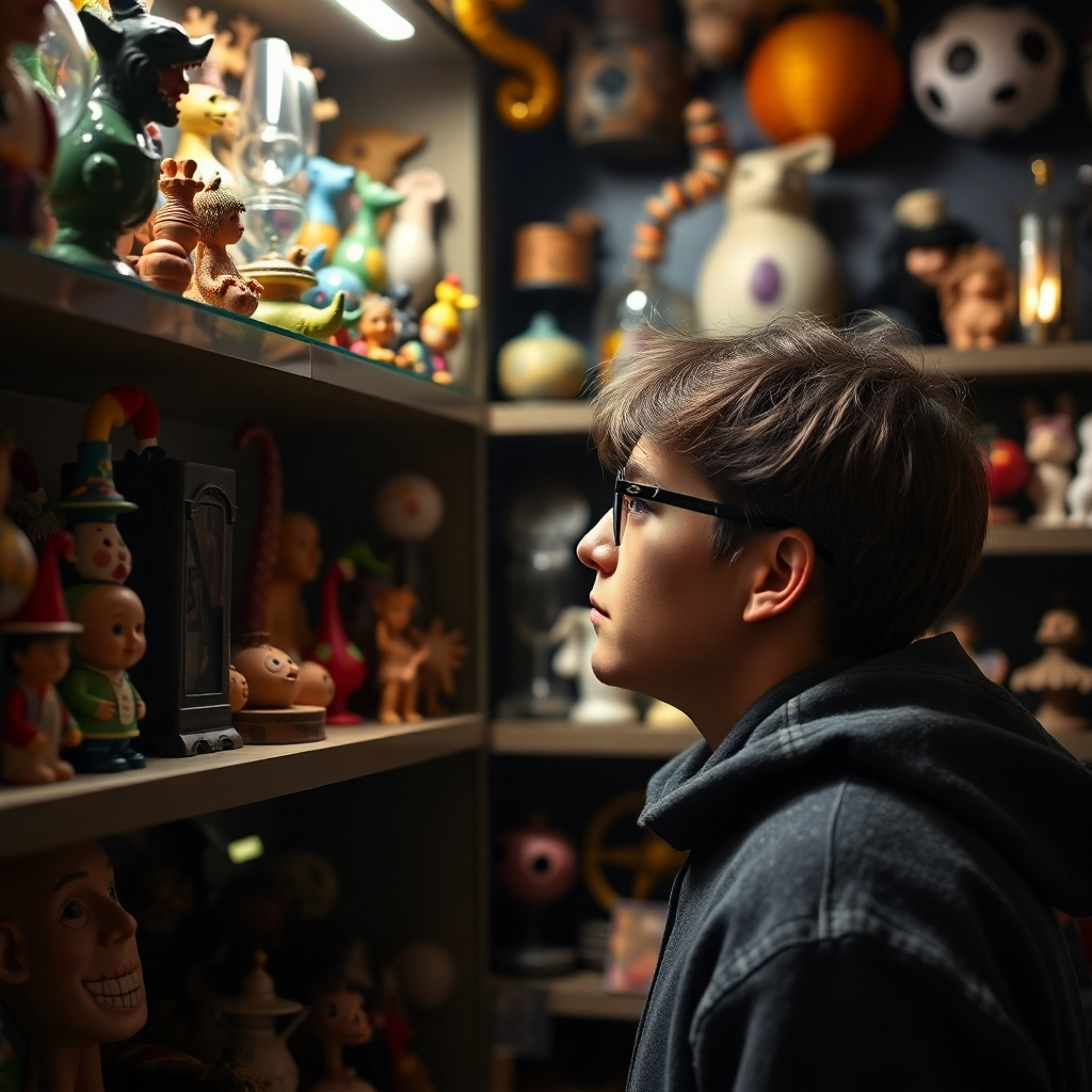 A person looking thoughtfully at a shelf filled with quirky and unusual items. Soft lighting, creating a sense of wonder and discovery. 4k resolution.