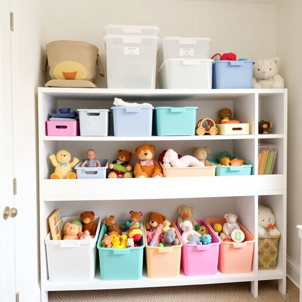 A photograph of a well-organized playroom shelf with color-coded bins filled with toys. The shelf is clean and clutter-free, creating a sense of order and tranquility. The toys are neatly arranged, showcasing their visual appeal. The color palette should be calming and inviting, using soft pastel tones. Camera angle should be slightly elevated, providing an overview of the entire shelf. Style is minimalist and practical, emphasizing the importance of organization and decluttering. Home decor, clean and tidy.