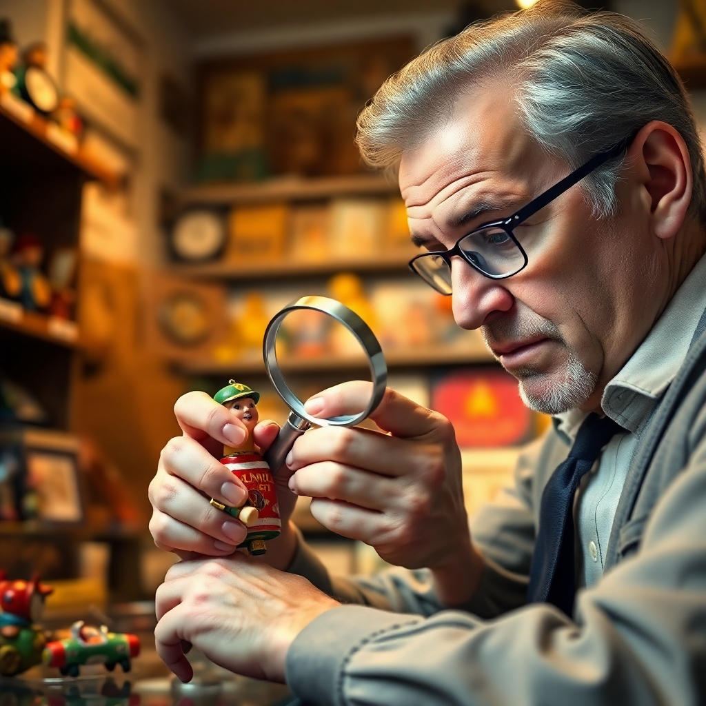 A photorealistic image depicting a toy expert examining a vintage toy with a magnifying glass. The expert's face is focused and intent, showcasing their expertise. The background is a well-lit antique shop with shelves filled with collectible toys. The lighting is warm and inviting, creating a sense of trust and professionalism. Camera angle is close-up, focusing on the expert's hands and the toy. Style is vintage and refined, emphasizing the value and history of the toy. Real-life scenario.