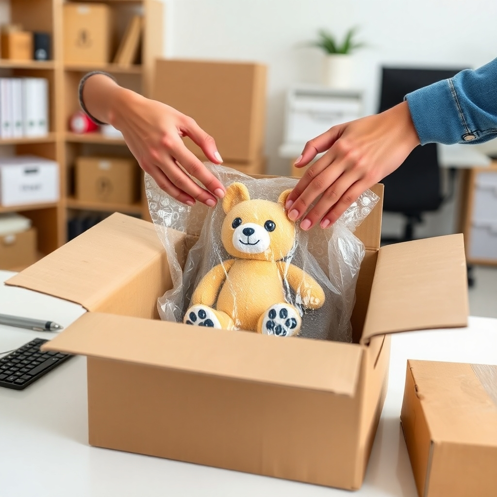 A photorealistic image of a person carefully packaging a toy for shipping. The toy is neatly wrapped in bubble wrap and placed inside a sturdy cardboard box. The person's hands are visible, demonstrating the proper packing technique. The background is a clean and organized home office environment. Lighting should be bright and even, highlighting the details of the packing process. Camera angle should be close-up, focusing on the hands and the toy. Style is practical and informative, emphasizing the importance of proper packaging for resale. Real-life setting, instructional photography.
