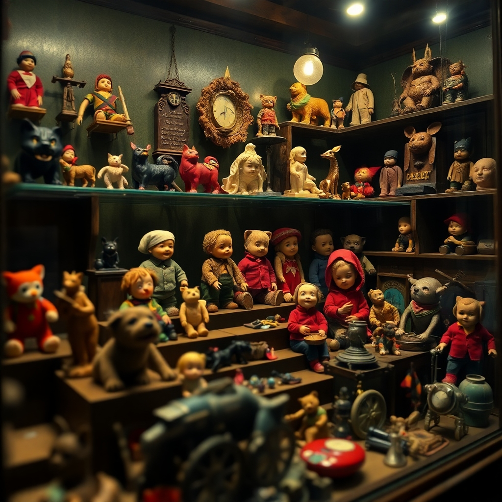 A photorealistic image of a vintage toy shop display case filled with rare and collectible toys. The display case is dimly lit, creating a sense of mystery and nostalgia. The toys are carefully arranged, showcasing their unique features and historical significance. The style is antique and evocative, reminiscent of a museum exhibit. Camera angle should be close-up, focusing on the details of the toys and the display case. Focus on value, vintage aesthetic.