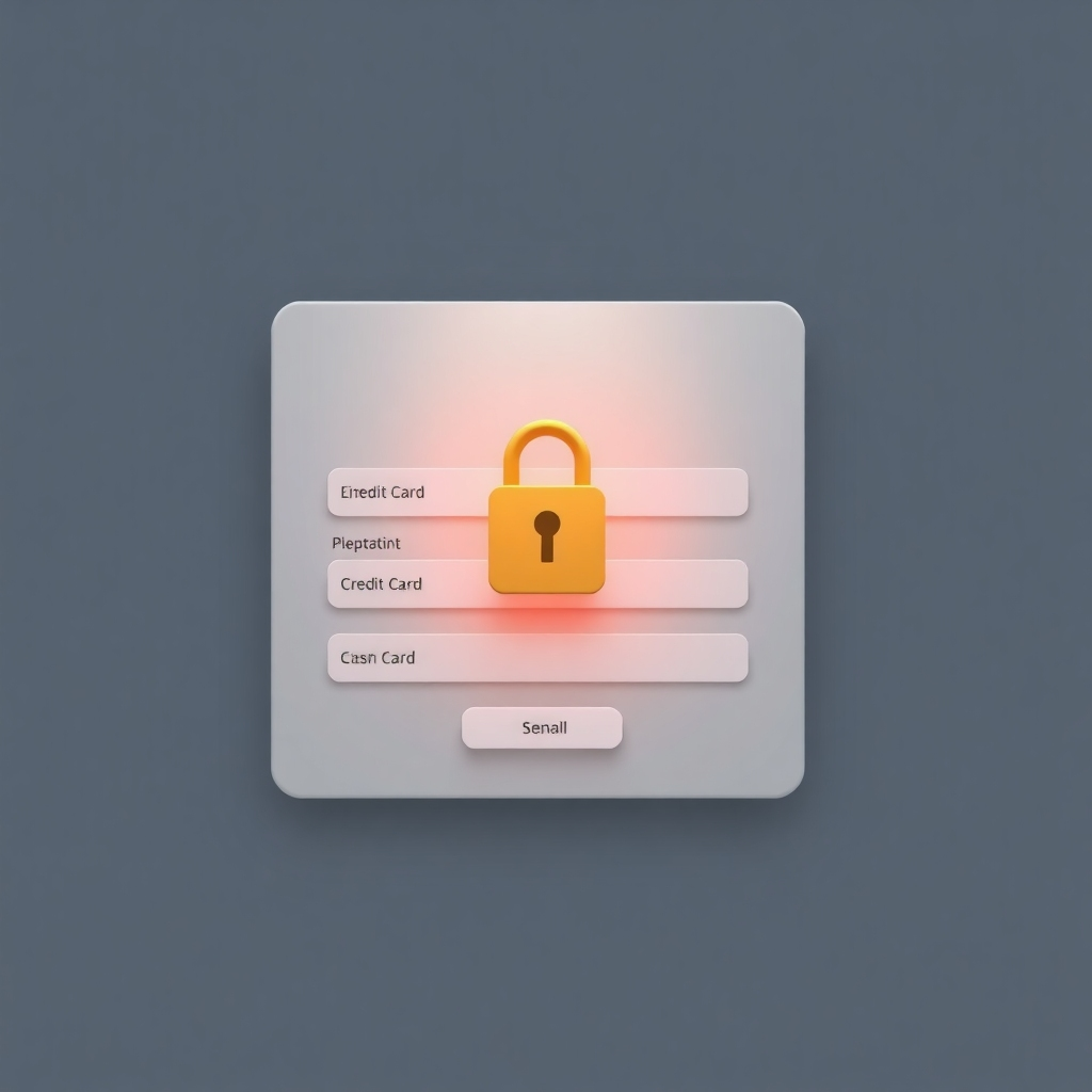 A secure online form where a user is entering credit card details. The form has a padlock icon to symbolize security. The color palette is muted and professional. Lighting is soft and even. Technical specs: 4K resolution, clean and minimalist design.