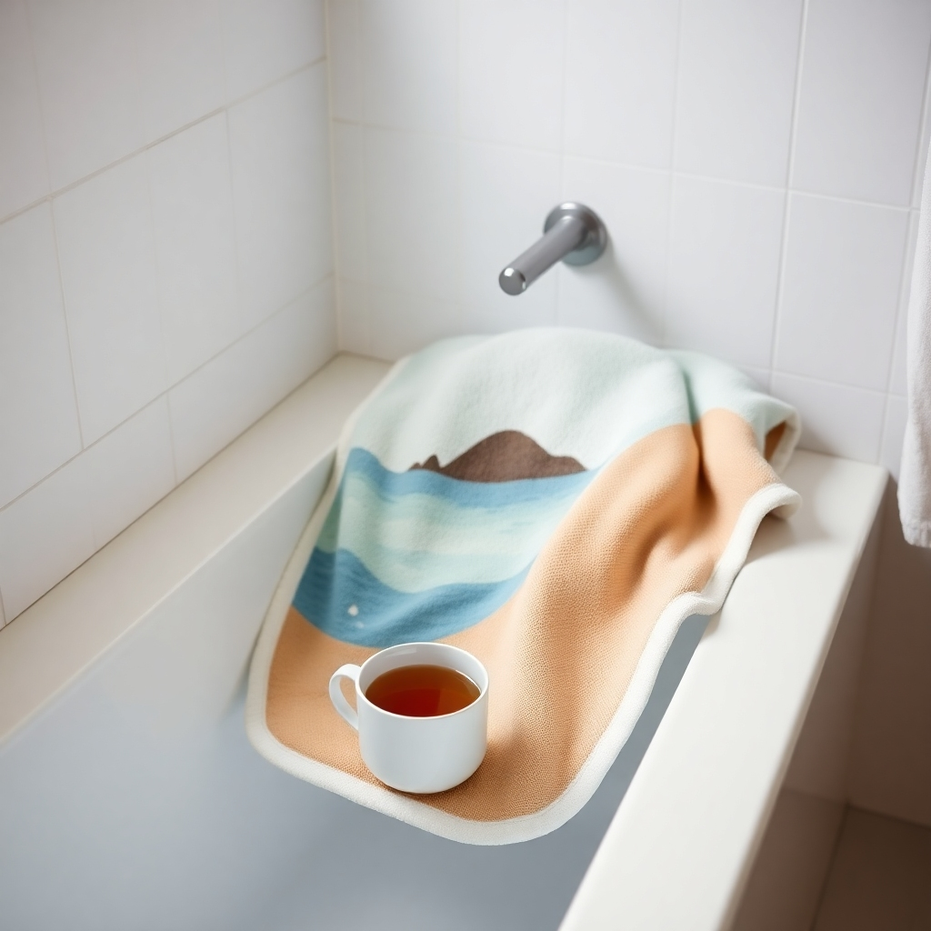 A serene bathroom setting. A plush, custom-printed beach towel featuring a calming landscape is draped over the bathtub. A mug filled with herbal tea sits on the edge of the tub. The lighting is soft and diffused, creating a tranquil atmosphere. The color palette is calming and soothing, with muted blues, greens, and whites dominating the scene. Style reference: A modern, spa-like style with a focus on relaxation. Technical Specs: 4K resolution, photorealistic.
