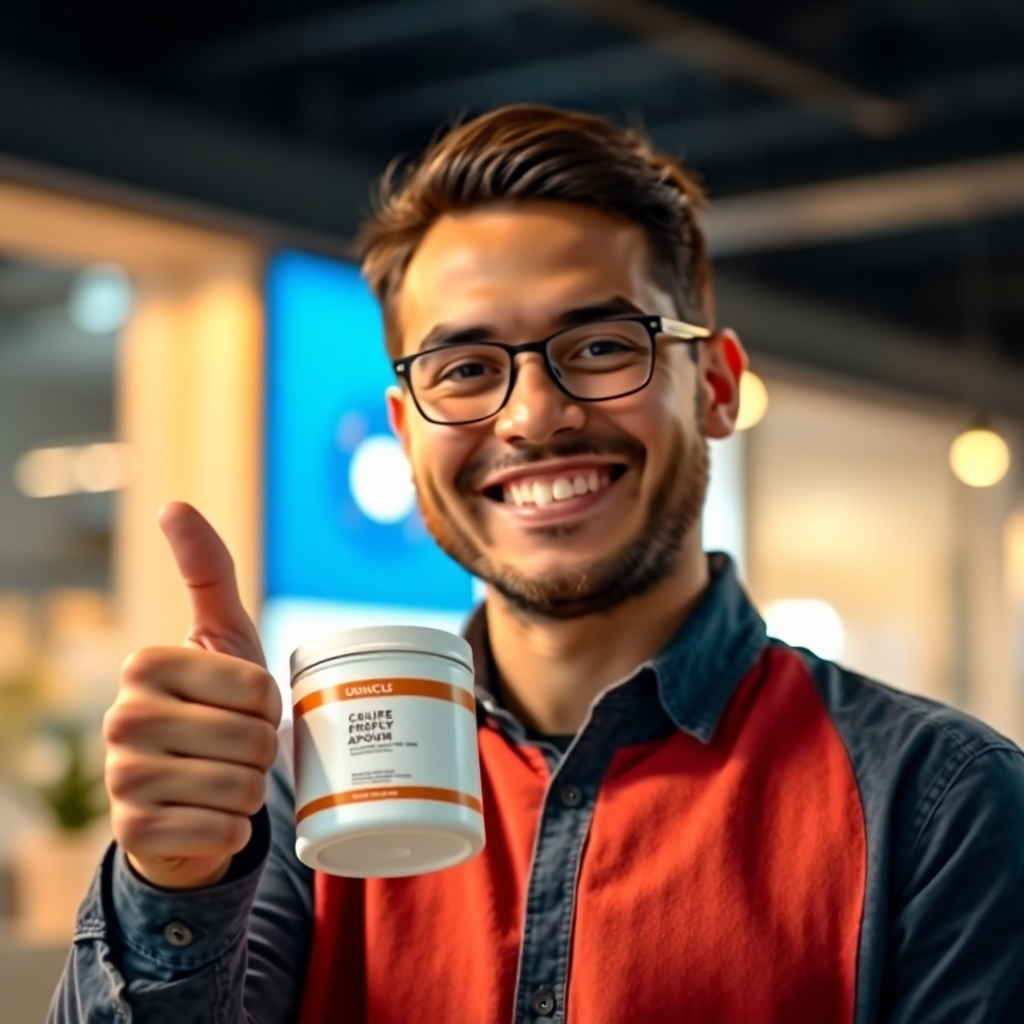 A smiling customer holding a product with a thumbs-up gesture. Warm lighting, conveying a sense of satisfaction and trust. 4k resolution.
