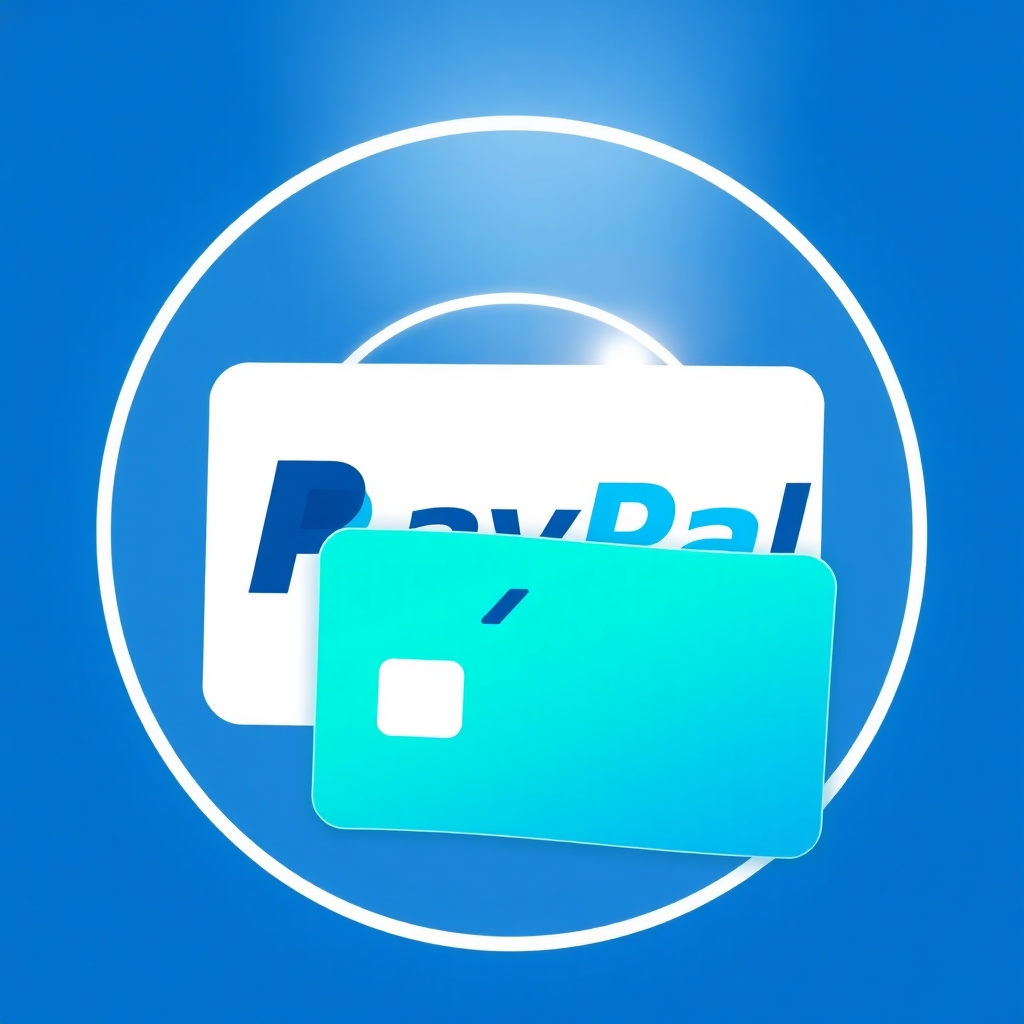 A stylized image of a credit card seamlessly passing through a PayPal logo, representing secure processing. The color palette is blue, white, and green. Lighting is dynamic and highlights the seamless transition. Technical specs: 4K resolution, high-quality vector graphics.
