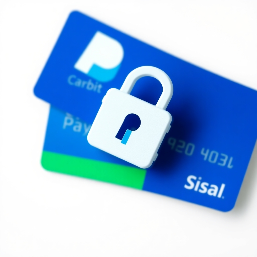 A stylized image representing a secure online transaction. A padlock icon, rendered in a clean, modern style, overlaps with a credit card and the PayPal logo. The color palette uses PayPal's blues and whites, with accents of green to symbolize security and trust. The composition should be simple and impactful. Lighting is soft and even. Camera angle is slightly overhead. Textures are smooth and polished. The environment is a clean, digital space. Style reference: minimalist infographic design. Technical specs: 4K resolution, high-quality vector graphics, subtle gradient effects.