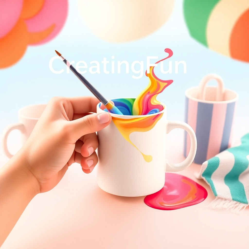 A stylized image representing CreatingFun's mission. The composition should center around a hand holding a paintbrush, artistically swirling vibrant colors onto a blank mug. Surrounding the mug are abstract representations of cups and beach towels, hinting at the product range. The lighting is soft and diffused, creating a warm and inviting atmosphere. The color palette should be a mix of pastel and bright colors, reflecting creativity and fun. The camera angle should be slightly elevated, focusing on the artistic process. Texture details should highlight the smooth surface of the mug and the fluidity of the paint. Style reference: a modern, artistic illustration with a touch of whimsy. Technical specs: 4K resolution, high-quality rendering.