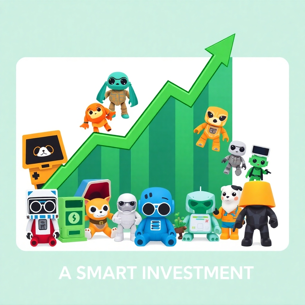 A stylized infographic depicting a rising stock chart overlaid with images of popular collectible toys. The chart is green and upward-trending, symbolizing increasing value. The toys are arranged around the chart, showcasing their desirability and investment potential. The style is clean and modern, with a focus on data visualization. Color palette should be professional and trustworthy, using shades of green, blue, and gray. The image should convey the message that toys can be a smart investment. Digital art style, clean lines.
