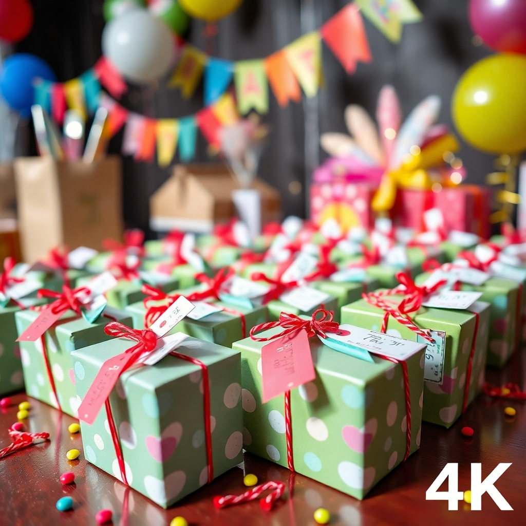 A table filled with small, wrapped gifts, each with a playful tag. Party decorations in the background. Capture the excitement and anticipation of a party. 4k resolution.