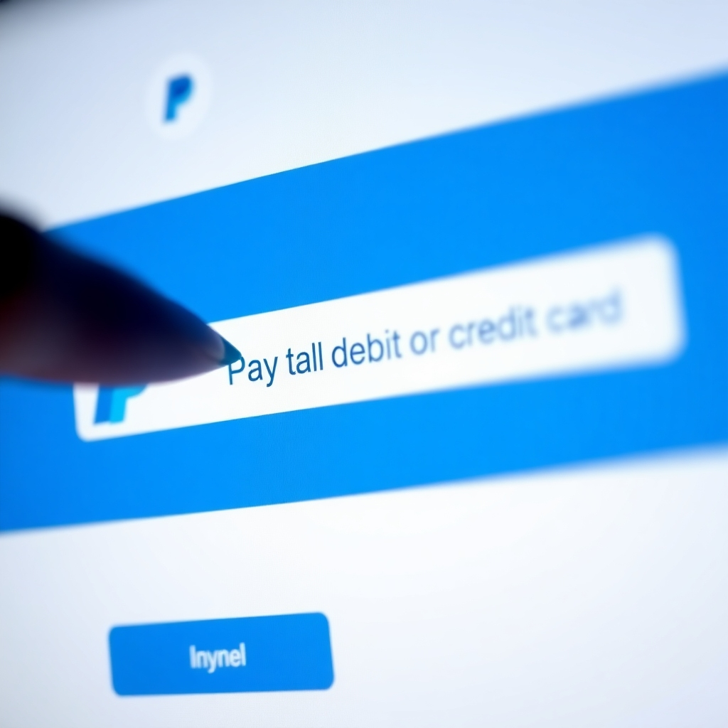 A user's cursor hovering over the 'Pay with Debit or Credit Card' option on a PayPal login page. The focus is on ease of access. Lighting is clear and concise. The color palette is predominantly blue and white. Technical specs: 4K resolution, sharp focus.