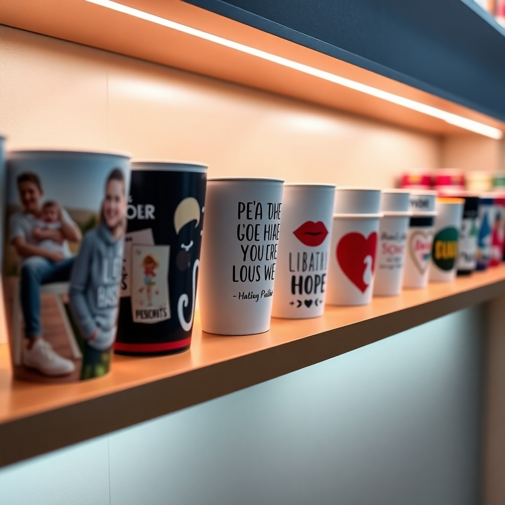A variety of personalized cups displayed on a well-lit shelf. The cups feature different designs, including photos, quotes, and illustrations. The lighting is soft and diffused, highlighting the quality and craftsmanship of the cups. The color palette is diverse and eye-catching, reflecting the variety of design options. Style reference: A modern, product showcase with a focus on detail. Technical Specs: 4K resolution, photorealistic.