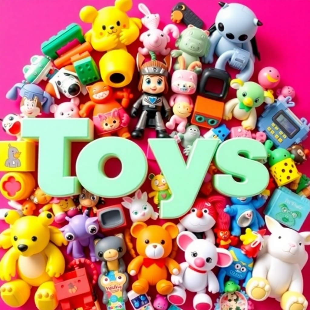 A vibrant and colorful image showcasing a diverse collection of the year's most popular toys. The toys are arranged in a visually appealing manner, highlighting their unique features and designs. The lighting should be bright and even, showcasing the details of each toy. The style is modern and eye-catching, similar to a magazine cover. Camera angle should be slightly elevated, providing an overview of the entire collection. Digital rendering, dynamic composition.