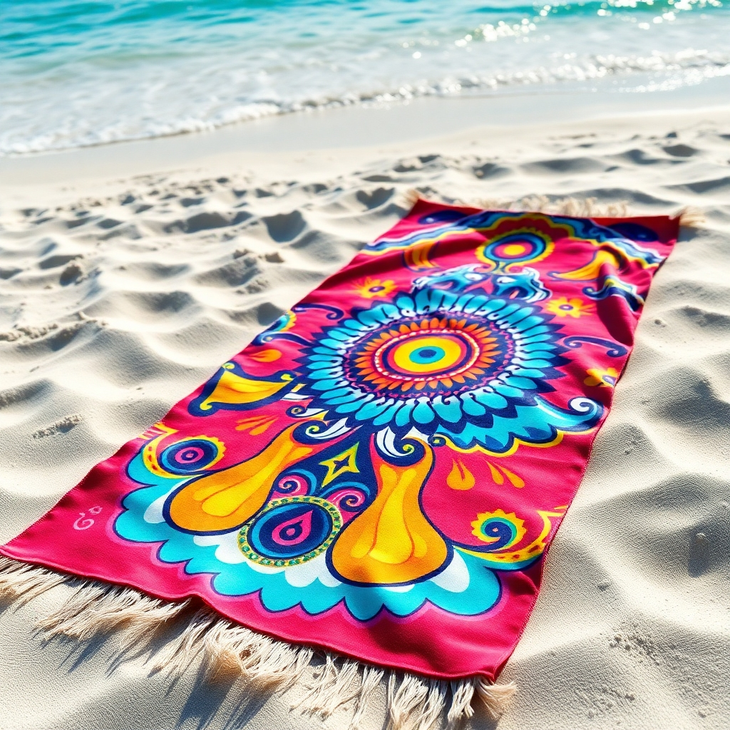 A vibrant beach scene featuring a custom-printed beach towel laid out on the sand. The towel features a unique and eye-catching design, with bright colors and intricate details. The lighting is bright and sunny, enhancing the colors and textures. The color palette is bold and playful, reflecting the fun and carefree atmosphere. Style reference: A modern, lifestyle shot with a focus on capturing the beach experience. Technical Specs: 4K resolution, photorealistic.