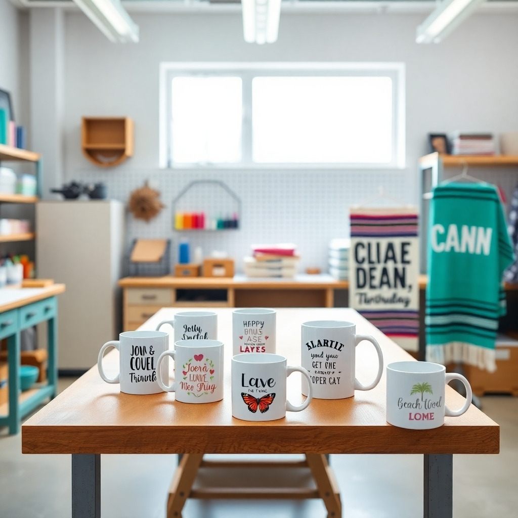 A well-lit workshop featuring a craft table. Several personalized mugs, cups, and beach towels are arranged as finished gifts. Each item is unique, featuring custom designs, photos, and quotes. The lighting is bright and cheerful, showcasing the craftsmanship and attention to detail. The color palette is varied, reflecting the different personalities of the intended recipients. Style reference: A modern, DIY aesthetic with a focus on detail. Technical Specs: 4K resolution, photorealistic.