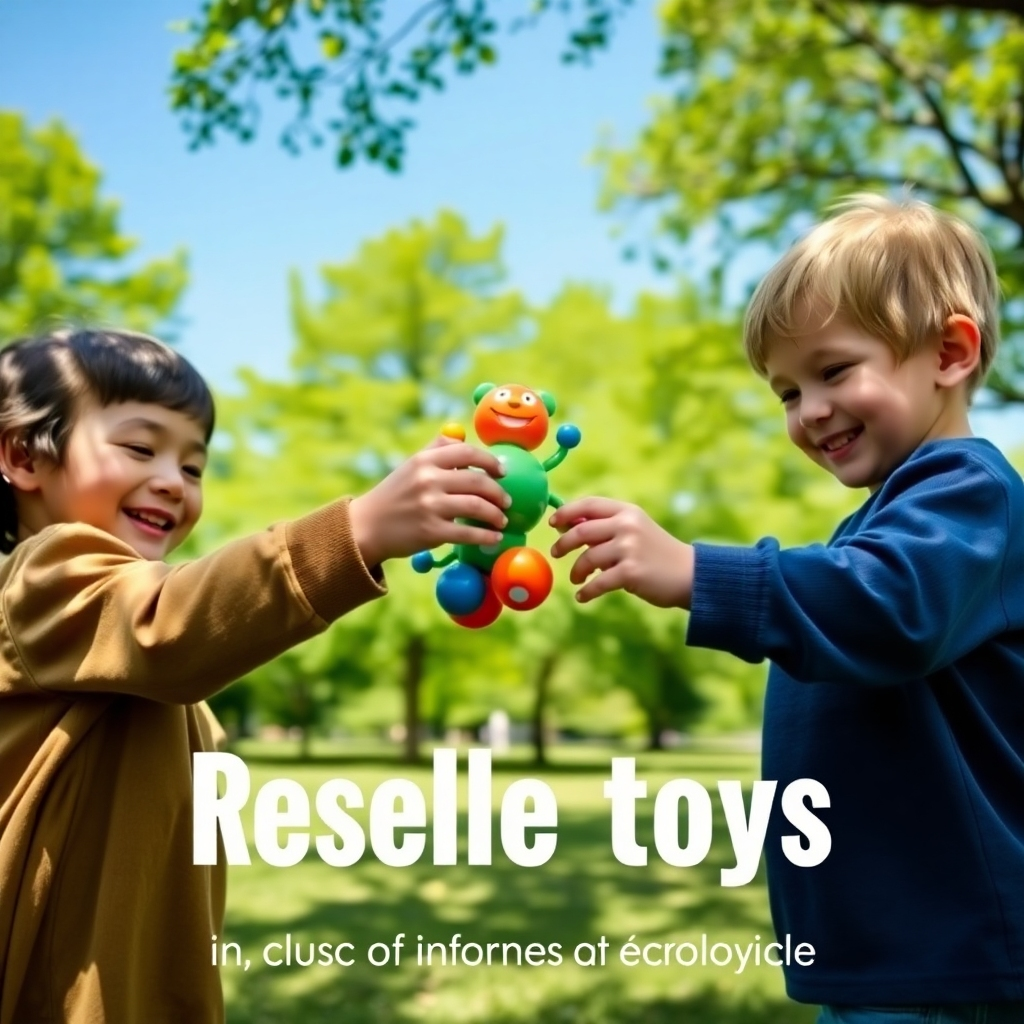 An image depicting a child happily handing a used toy to another child. The scene is set in a park with lush green trees and clear blue skies. The children are smiling and engaged, emphasizing the joy of sharing and reusing toys. The color palette should be vibrant and natural, with a focus on green and blue tones. Camera angle should be slightly low, capturing the children's perspective and immersing the viewer in the scene. The image should convey the message that reselling toys is an eco-friendly practice. Focus on togetherness, outdoor activities.