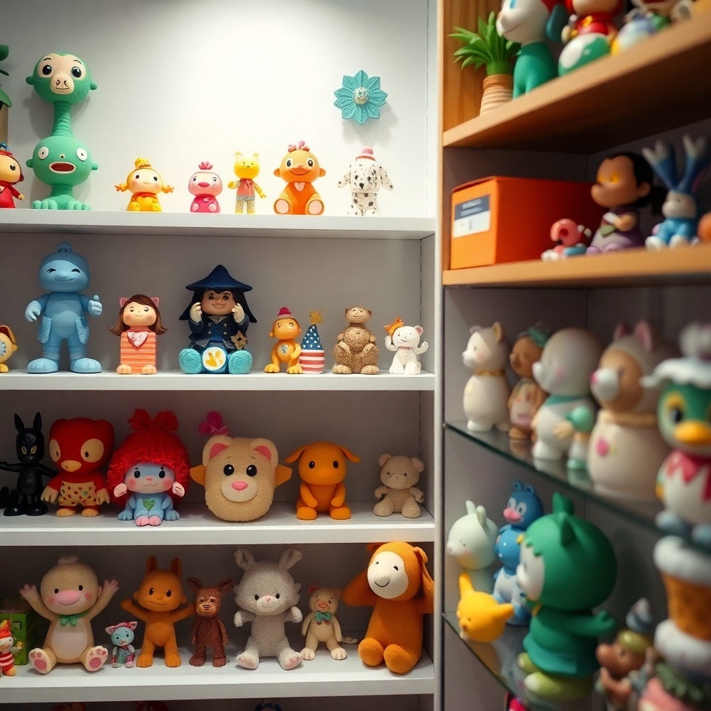 An organized and aesthetically pleasing display of various novelty items, neatly arranged on shelves. Soft lighting with focus on the textures. 4k resolution.