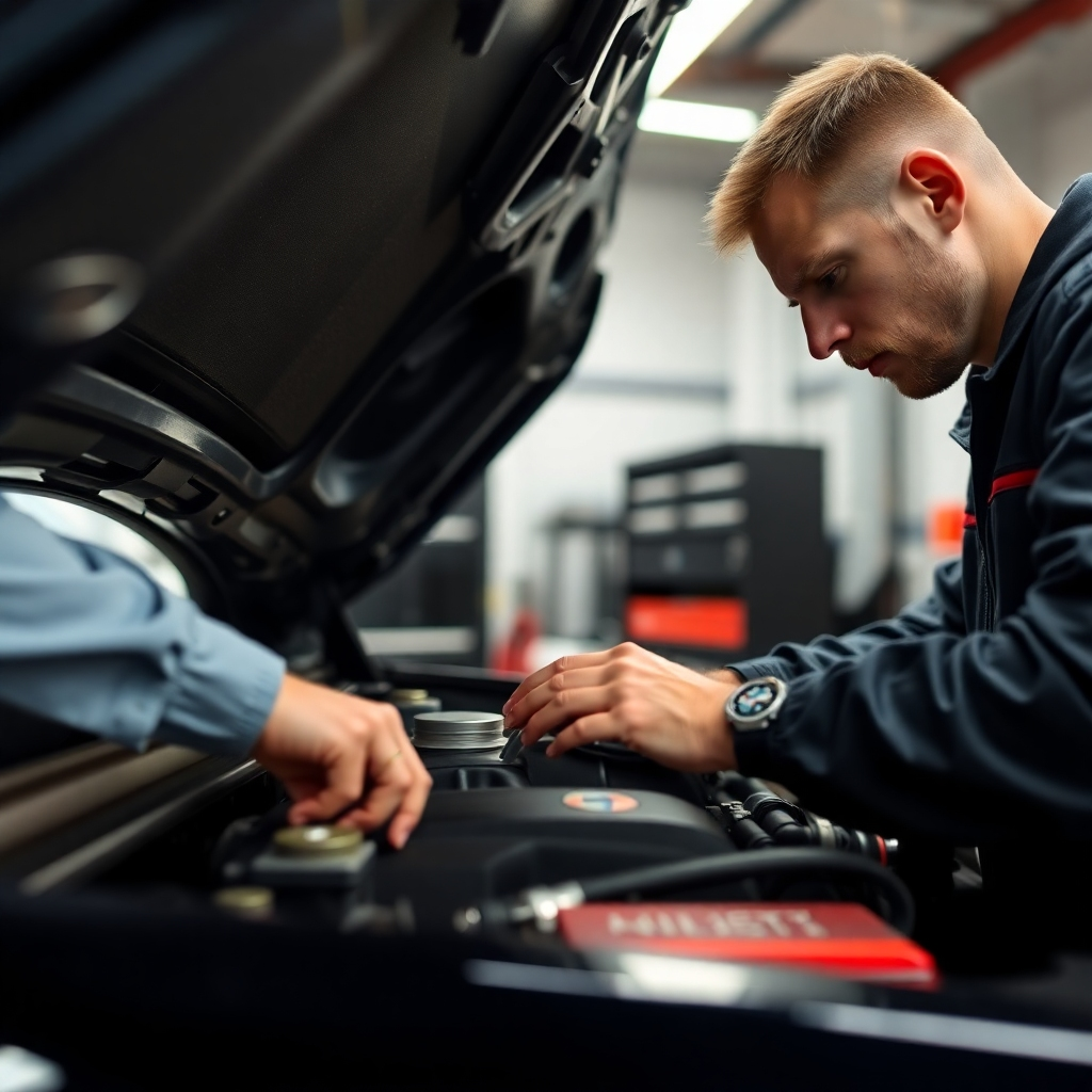 Close-up shot of a mechanic meticulously inspecting the engine of a German car in a clean, well-lit garage. Focus on the mechanic's expertise and the car's high-quality components. Use sharp focus and detailed textures to convey precision and reliability.