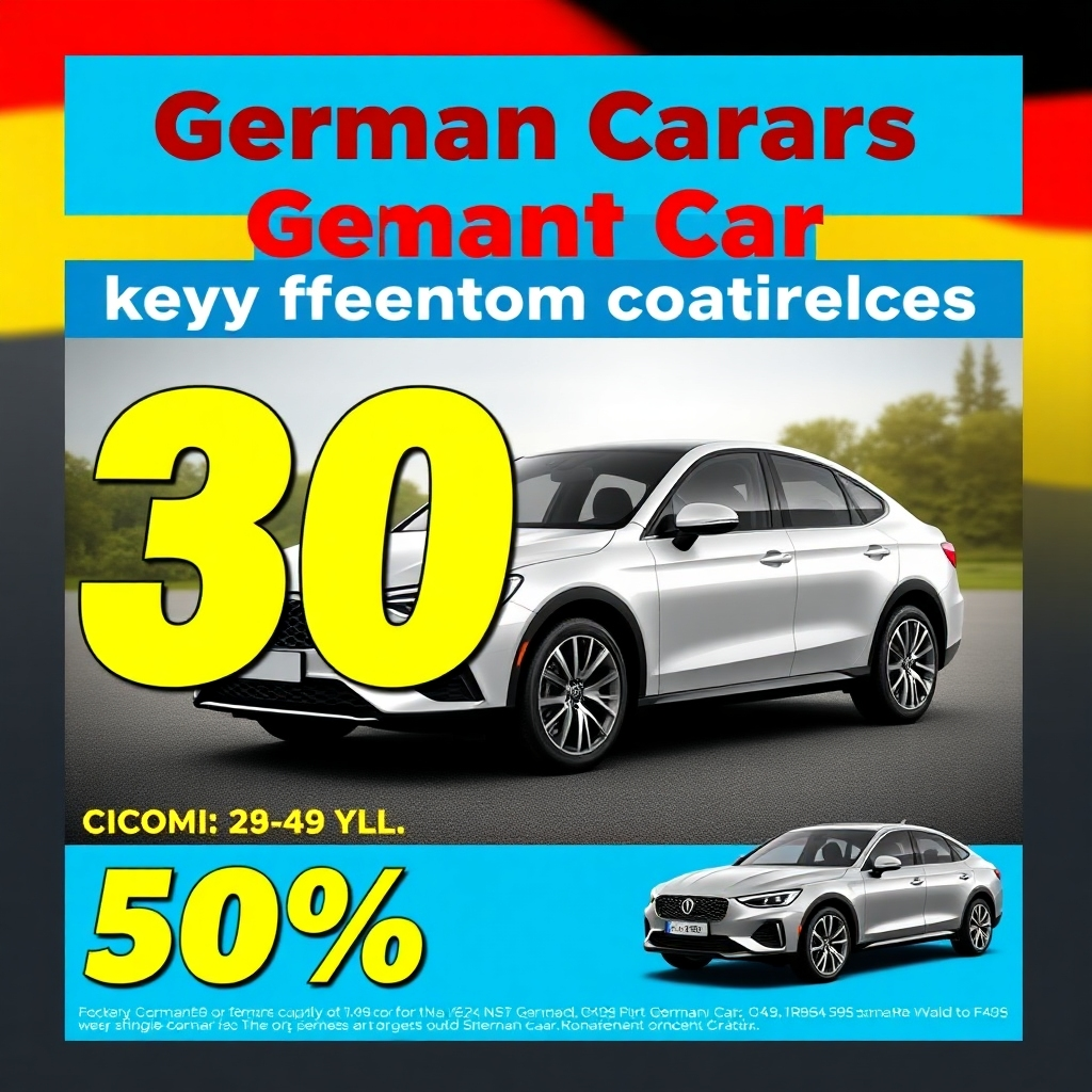 Create a visually appealing banner ad featuring a discounted German car. Use bright colors, bold typography, and eye-catching graphics to draw attention to the special offer. Include details such as the discount percentage and the car's key features.