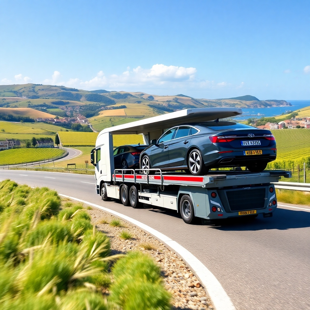 Depict a car carrier truck efficiently transporting a brand-new German car across a picturesque European landscape. The truck should be modern and well-maintained. The landscape could include rolling hills, vineyards, or coastal scenery, representing different parts of Europe. Emphasize speed, security and efficiency.