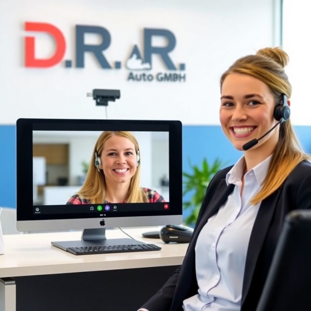 Depict a friendly customer service representative speaking with a client via video call. The representative is smiling and attentive. The background includes a modern office setting with the D.R. Auto GmbH logo prominently displayed. The scene should convey trust and personalized attention.