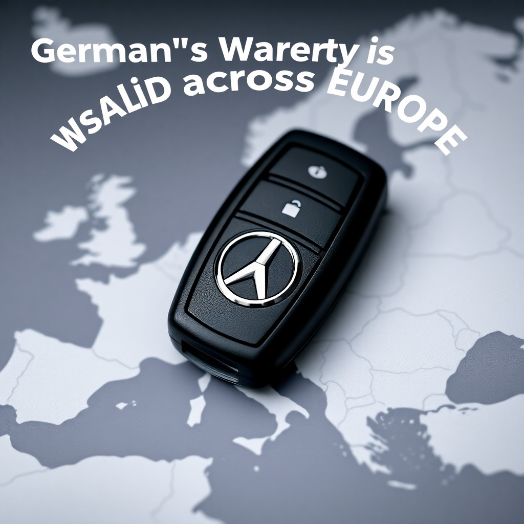 Show a German car key with the manufacturer's logo prominently displayed, alongside the European map. The scene should convey the idea that the car's warranty is valid across Europe.