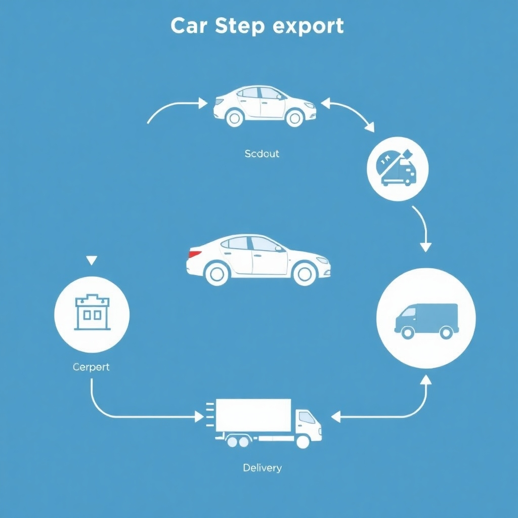 Show a seamless, step-by-step illustration of the car export process from selection to delivery. Use icons and simple graphics. Focus on conveying ease and efficiency.