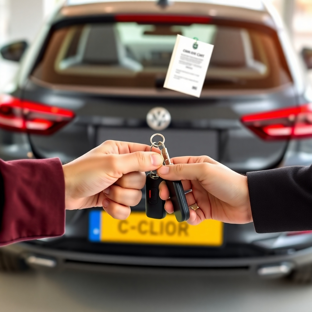 Show hands exchanging keys to a German car, with a stylized representation of a financial agreement (e.g., a contract or a credit card) subtly placed in the background. Use warm and inviting colors to convey ease and accessibility.