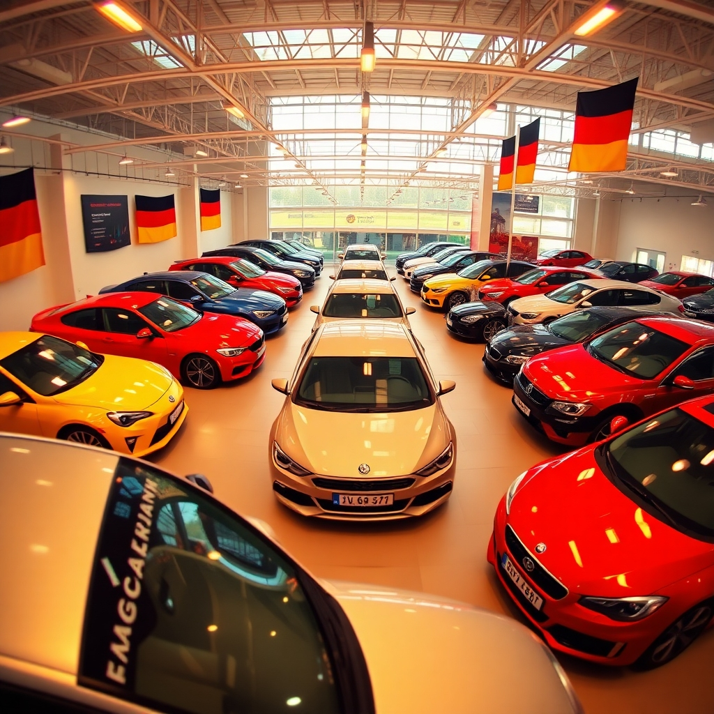 Showcase a diverse selection of German cars (various models and brands) neatly arranged in a large showroom. Focus on the variety and availability. Use warm, inviting lighting and a slight fisheye lens effect to emphasize the scale and diversity of the inventory. The cars should be clean and gleaming. The background includes subtle elements of the German flag colors.