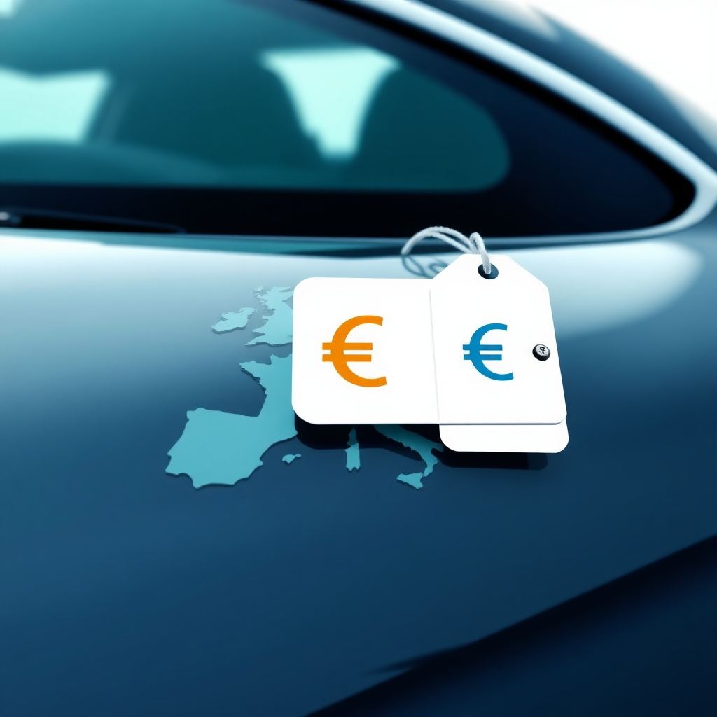 Visualize a price tag on a sleek German car, with the European map subtly reflected in the car's polished surface. The price tag should appear attractive and competitive, with a euro symbol prominently displayed. Use a bright and clean color palette to convey transparency and value.
