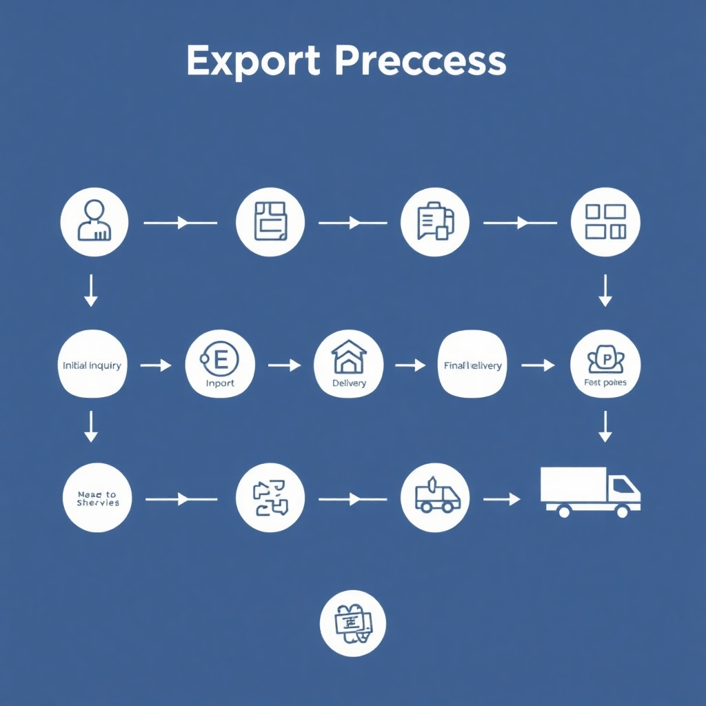 Visualize a simplified flowchart illustrating the export process, from initial inquiry to final delivery. Use clear and concise icons and labels to represent each step. Emphasize the ease and efficiency of the process.