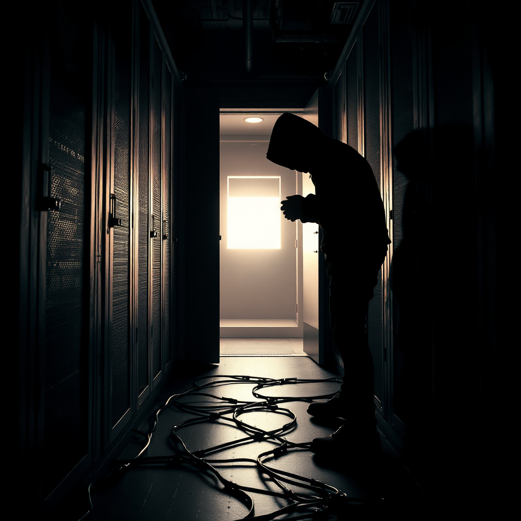 A photorealistic image depicting a hacker trying to pick a lock on a server room door. The hacker is silhouetted against the light coming from inside the server room. Wires and cables run across the floor. The image symbolizes the process of finding vulnerabilities. The colors are dark and moody.