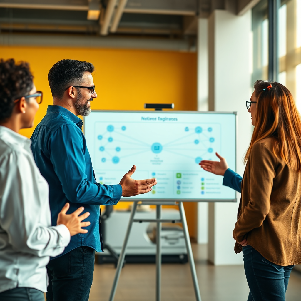A photorealistic image depicting a diverse team of IT professionals collaborating in a modern, brightly lit office space. The central focus is on a large interactive whiteboard displaying a complex network diagram. The team members are engaged in a lively discussion, using gestures and expressions that convey teamwork and expertise. The color palette is warm and inviting, with shades of blue, green, and yellow predominating. The camera angle is a medium shot, capturing the entire team and the whiteboard. The lighting is soft and diffused, creating a professional and collaborative atmosphere. The background is slightly blurred to emphasize the team. The image should convey the company's commitment to innovation, collaboration, and customer satisfaction. Technical specs: 4K resolution, high quality.