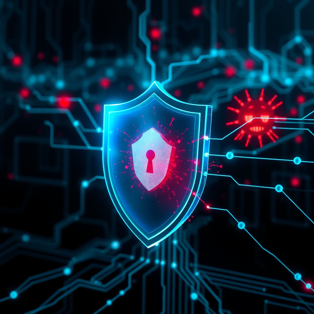 A photorealistic image depicting a digital shield protecting a network of interconnected computers. The shield is transparent but clearly visible, with glowing lines representing the flow of data. Intruding malware is attempting to penetrate the shield. The background is a dark and ominous representation of the cyber threat landscape. The color palette is dominated by blues and greens for the shield, contrasted with reds and oranges for the malware. The image should convey a sense of security, protection, and vigilance. The shield should be rendered with a high level of detail, showcasing its strength and resilience.