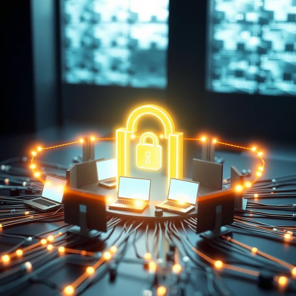 A photorealistic image depicting a digital fortress surrounding a network of interconnected computers. The fortress is made of glowing energy barriers, symbolizing security and protection. The computers are brightly lit, representing the data being protected.