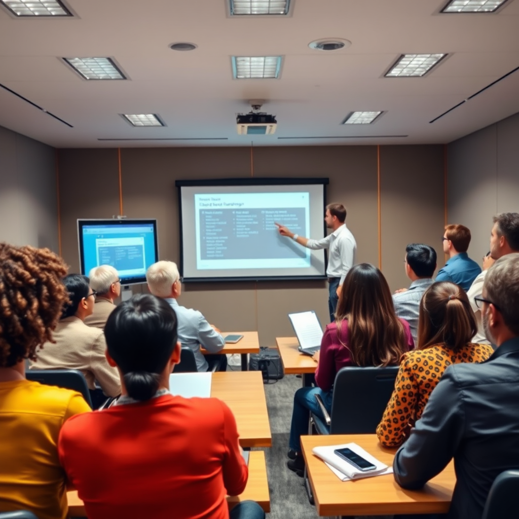 A photorealistic image depicting a diverse group of people attending an ICT training session. They are seated at desks, listening to an instructor. The instructor is pointing to a slide on a projector screen. The room is well-lit and professional.