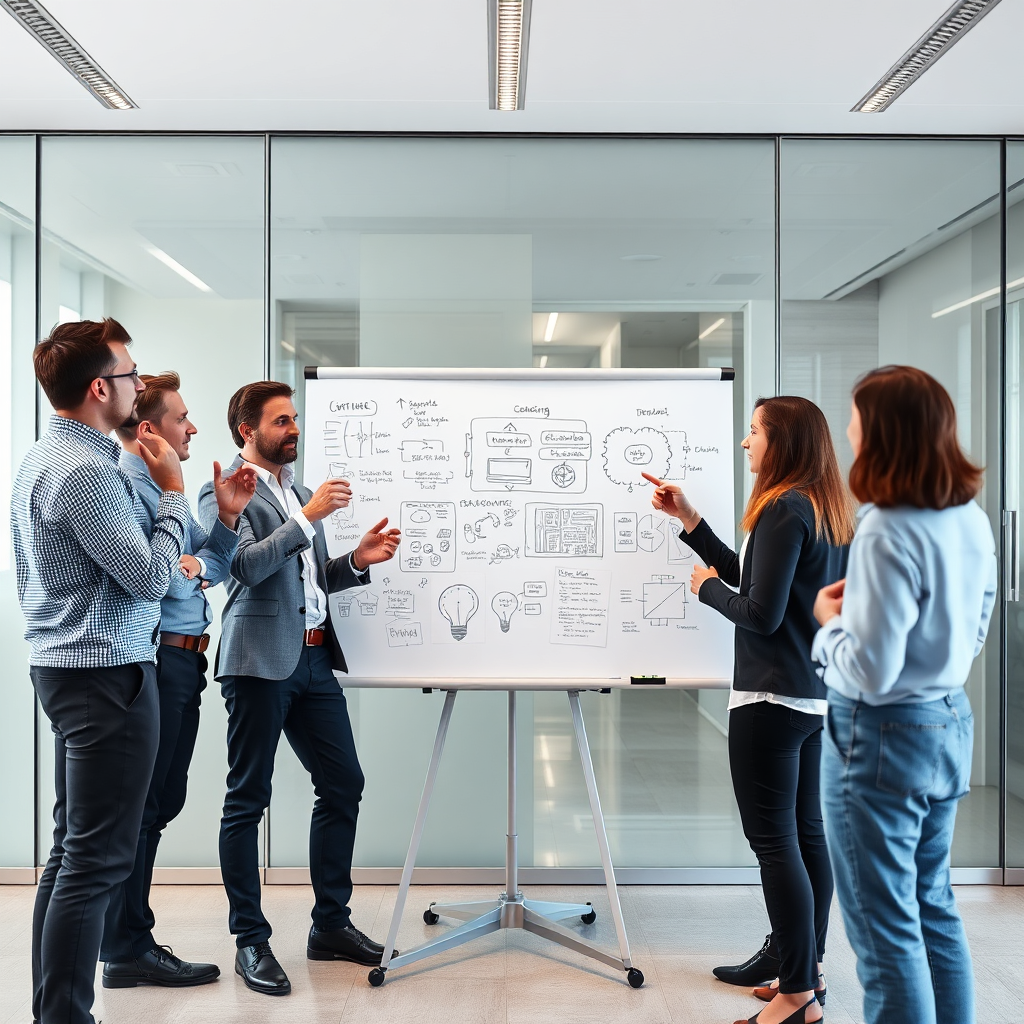 A photorealistic image of a group of ICT consultants brainstorming in a modern office. They are standing around a whiteboard filled with diagrams and ideas. Each is gesturing and contributing to the discussion. The lighting is bright and professional.