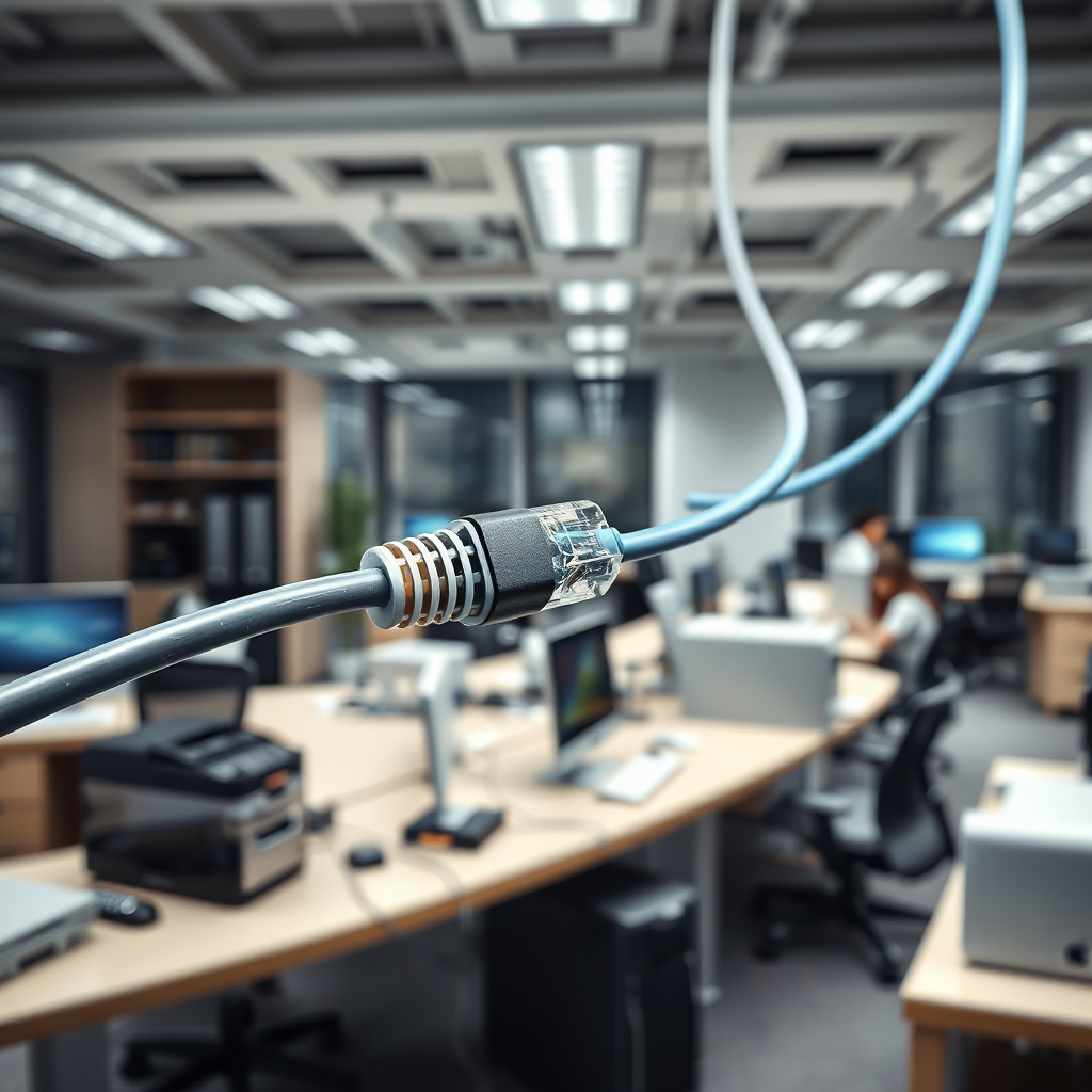 A photorealistic image showing a network cable snaking through a modern office, connecting various devices such as computers, servers, and printers. The office is clean and well-lit, with people working at their desks. The focus is on the network cable, symbolizing connectivity and reliability.
