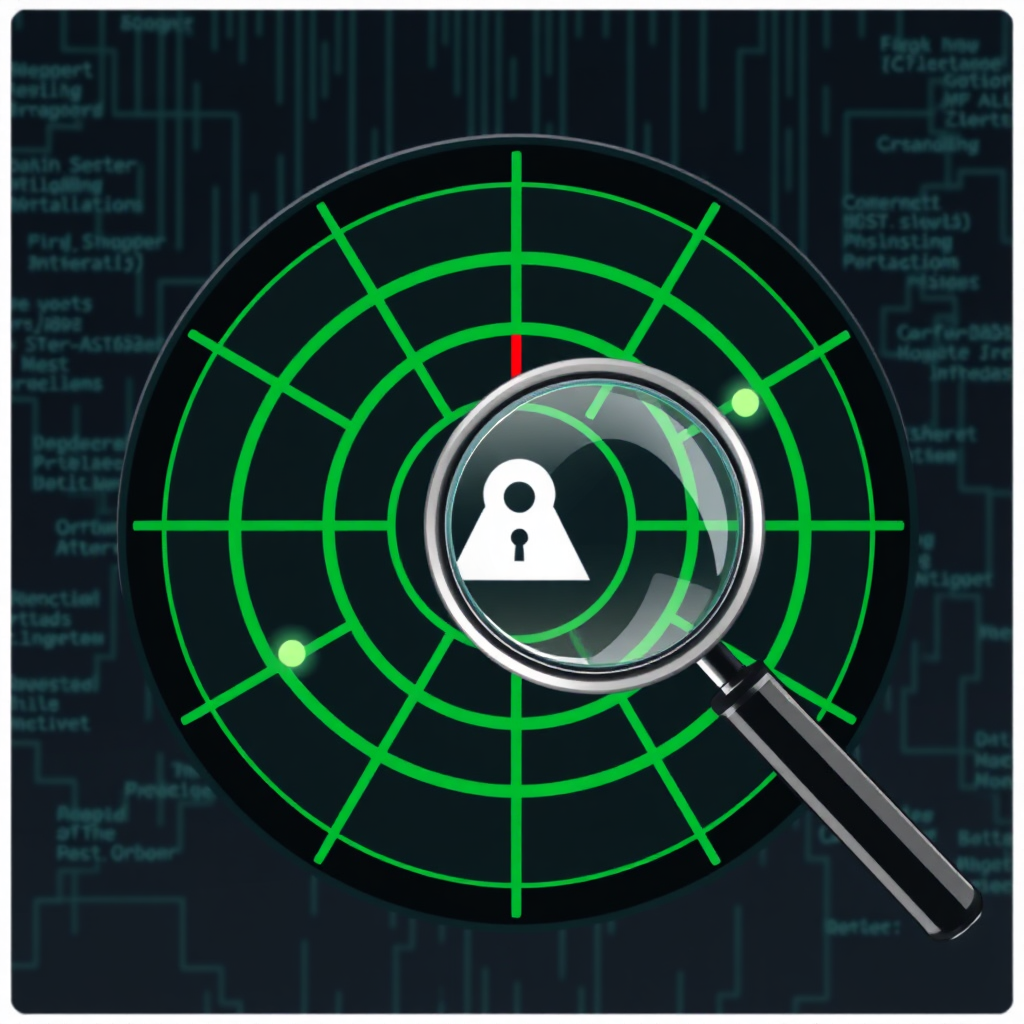 A stylized image of a radar screen with multiple blips representing potential cyber threats. The radar screen is green and black, with a red alert flashing in the center. A magnifying glass is hovering over one of the blips, representing the process of threat analysis. The background is a dark and abstract representation of the internet. The image should convey a sense of urgency, vigilance, and precision. The style should be modern and minimalist.