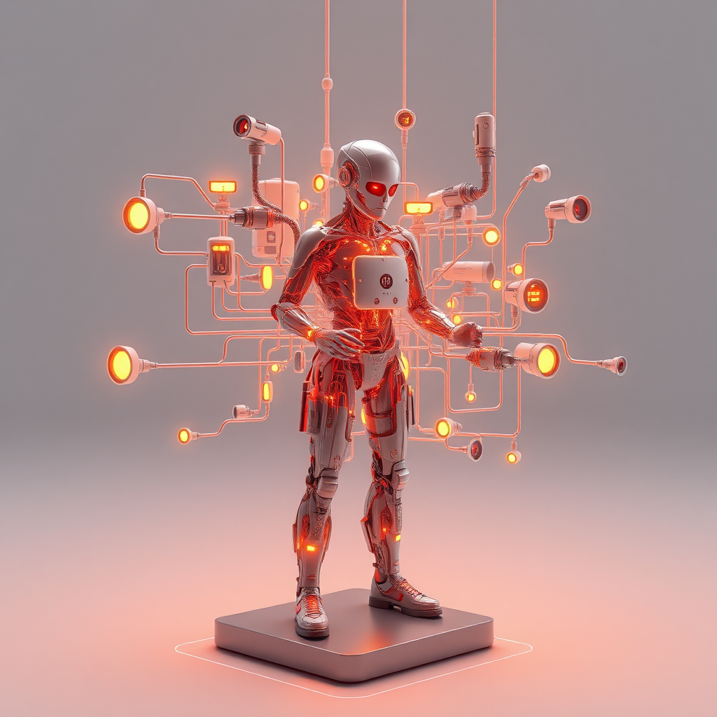 A stylized image showing cogs interlocking with each other to form a cohesive machine. Each cog represents a different IoT device, such as smart sensors, smart home devices and smart office devices. The colors are clean and professional, symbolizing integration and connectivity.