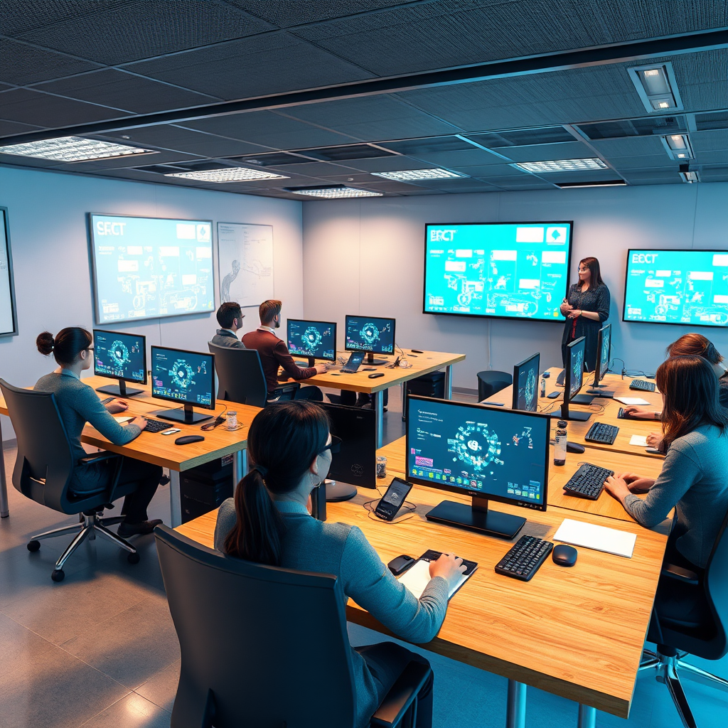 A photo of a friendly, knowledgeable and passionate ICT Instructor in front of a classroom full of students, who are attentive and eager to learn. Style should be photorealistic and empowering.