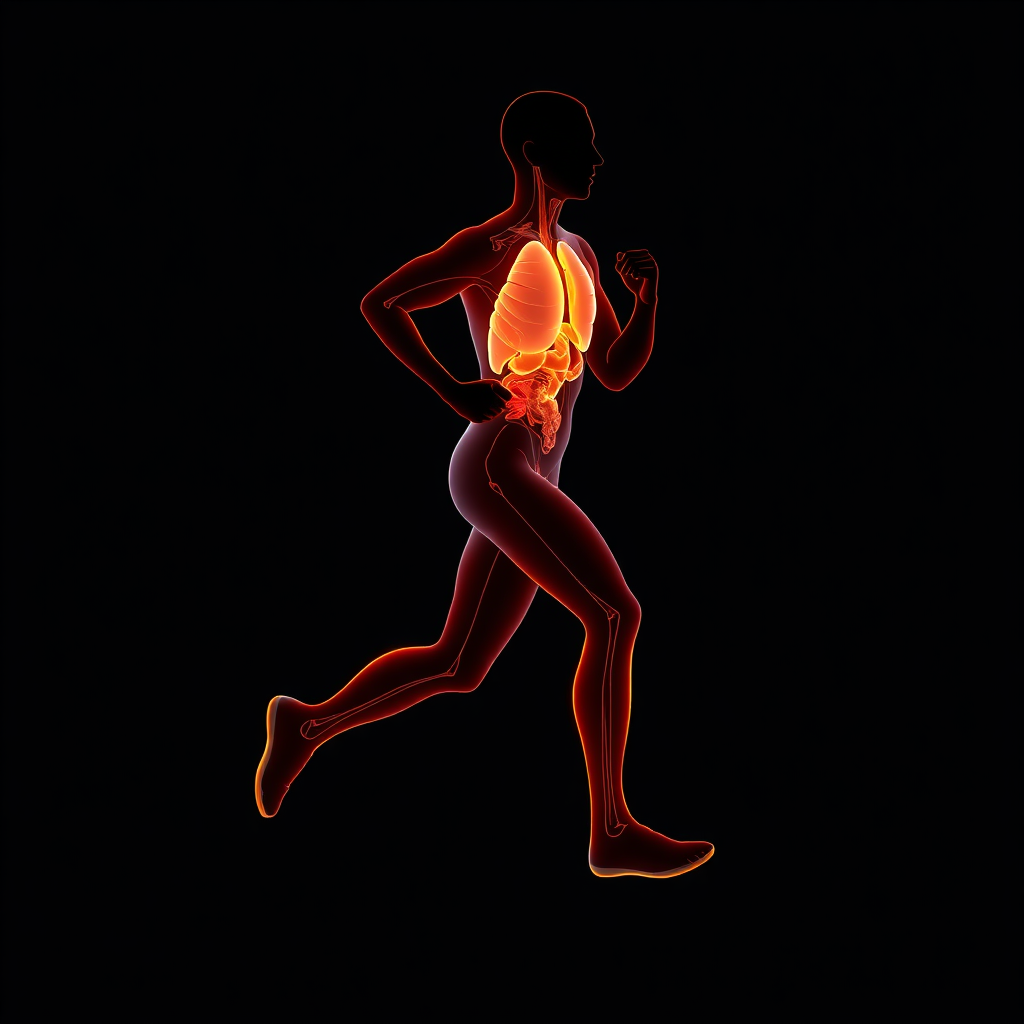 A 4K image depicting a stylized silhouette of a person running, with internal organs and muscles visible as glowing outlines. Emphasize the metabolic processes with subtle animations or light effects within the silhouette. Use a color palette of warm oranges, yellows, and reds to represent energy and metabolism. The background is dark and minimalist, allowing the silhouette to stand out. The style is modern and scientific, conveying the physiological benefits of exercise.
