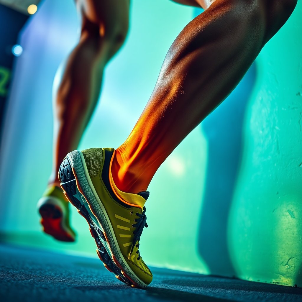A 4K image showing a close-up of a runner's legs, highlighting the calf muscles and tendons as they engage during an isometric calf raise against a wall. Use dynamic lighting to create a sense of movement and power. The color palette should be vibrant and energetic, with blues, greens, and yellows. The camera angle is low and dynamic, capturing the force and endurance of the muscles. The style is athletic and energetic, conveying the endurance benefits of isometric training.