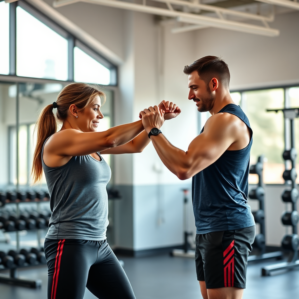 A 4K image showing a fitness trainer working one-on-one with a client in a modern gym setting. The trainer is demonstrating an isometric exercise, while the client is focused and engaged. Use soft, natural lighting to create a positive and supportive atmosphere. The color palette should be vibrant and energetic, reflecting the motivation and progress of personalized training.