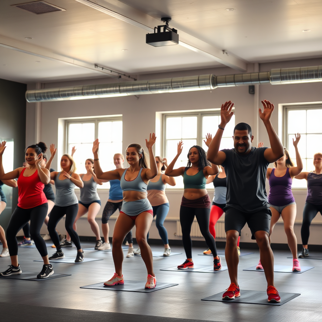 A 4K image showing a group of diverse individuals participating in an isometric exercise class. The atmosphere is energetic and supportive, with participants working together towards their fitness goals. Use bright, dynamic lighting to create a sense of movement and excitement. The color palette should be vibrant and cheerful, reflecting the positive energy of group fitness.