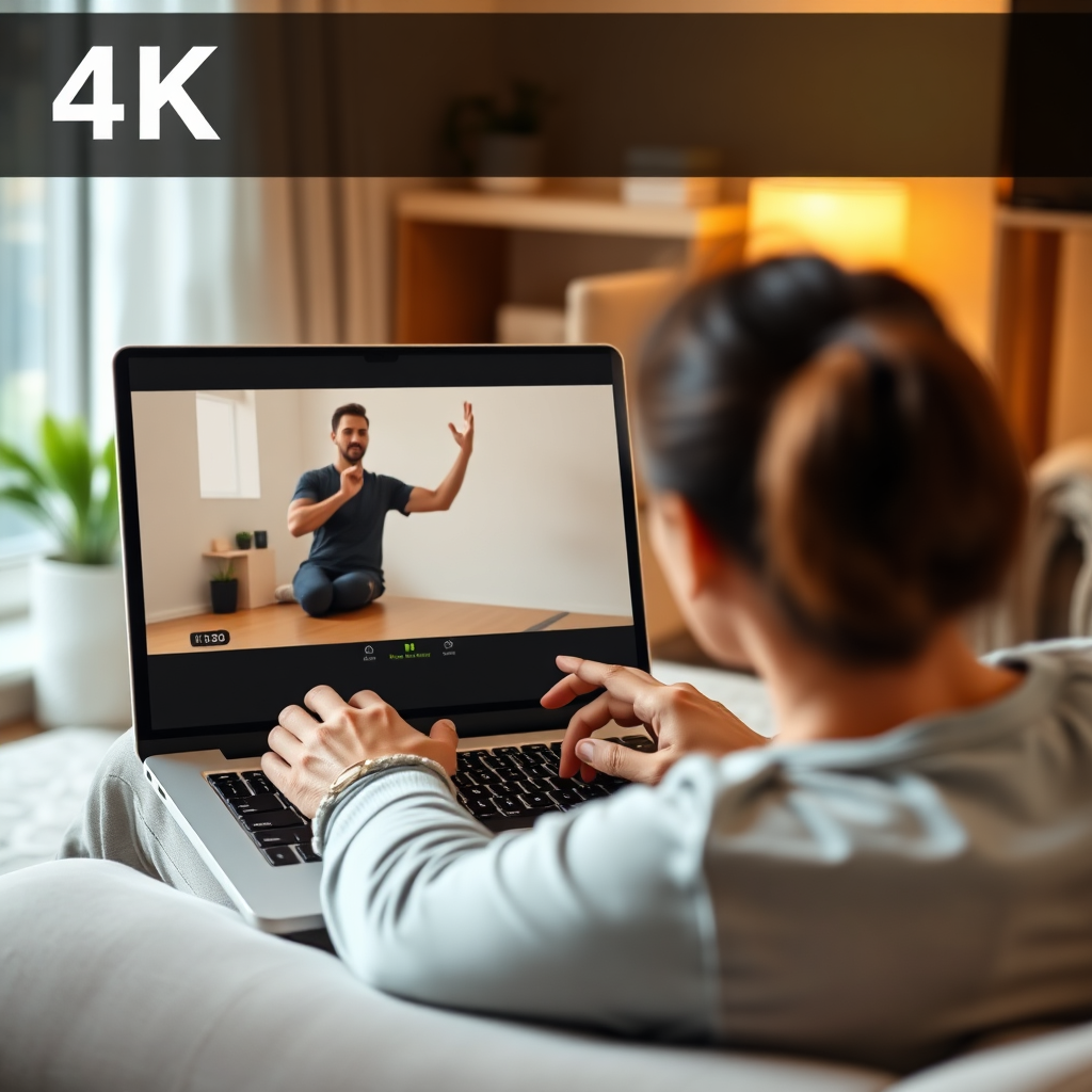 A 4K image showing a person participating in an online isometric exercise coaching session via video call. The person is in a comfortable home setting, interacting with a virtual trainer on a laptop. Use warm, inviting lighting to create a sense of connection and support. The color palette should be calming and neutral, reflecting the accessibility and convenience of online coaching.