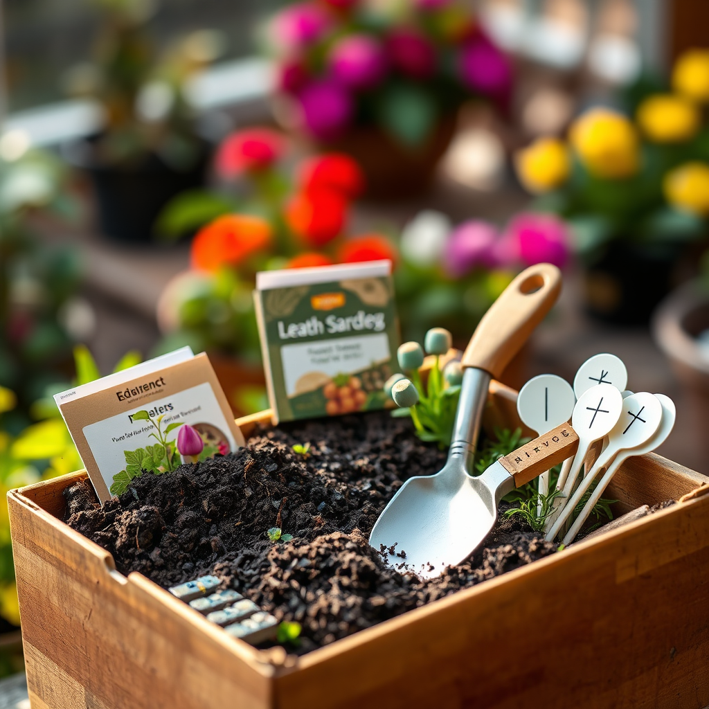 A beautifully arranged container gardening kit with seeds, soil, a small trowel, and plant markers, all neatly packed in a box. The background is a blurred garden scene. Warm, inviting lighting. Technical specs: 4K resolution, product photography, shallow depth of field.