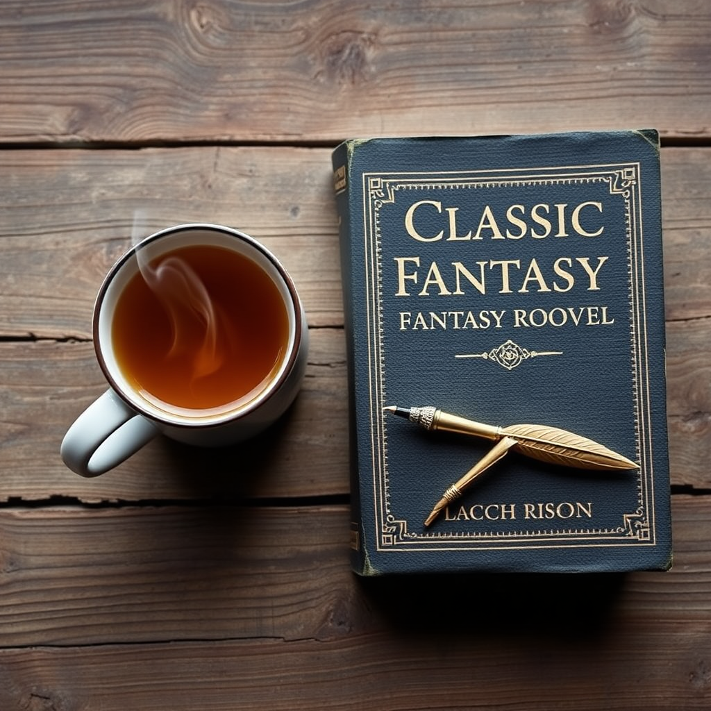 Fantasy novel, tea, and quill lay flat on a table.